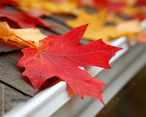 Colorful autumn leaves resting on a buildings rooftop gutter