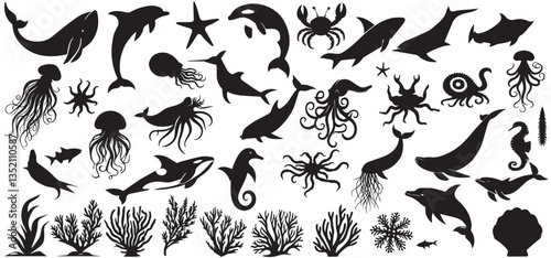 Sea animal silhouette ocean vector underwater animals silhouettes set vector. Underwater animals silhouettes. Sea Animals