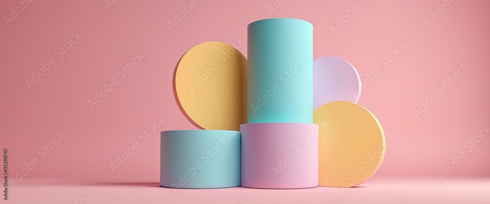 Fototapeta premium Geometric Shapes: A minimalist composition of vibrant, pastel-colored geometric shapes, forming a balanced and visually pleasing arrangement against a soft pink backdrop. 
