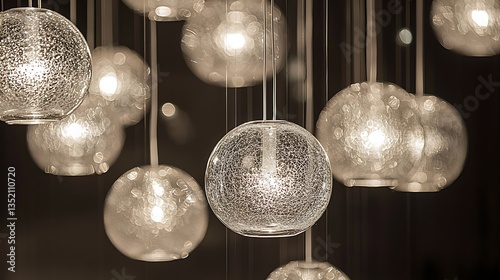 Illuminated glass sphere pendant lights hanging from ceiling.