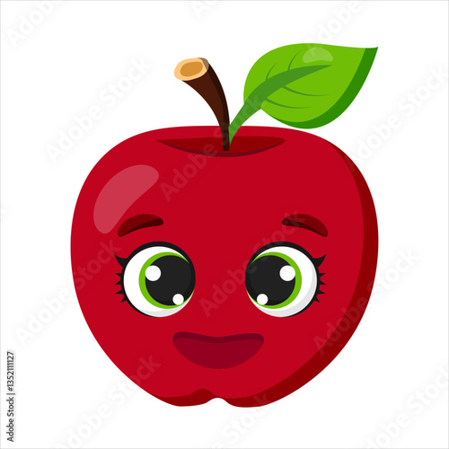 Smiling red apple with big green eyes and a single leaf on a white background. Perfect for kids' illustrations, healthy food concepts, stickers, packaging, and educational materials