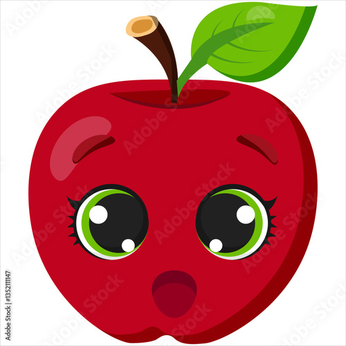 Surprised red apple with big green eyes and a shocked expression. A fun and expressive fruit illustration, perfect for food-related designs, packaging, stickers, and educational content