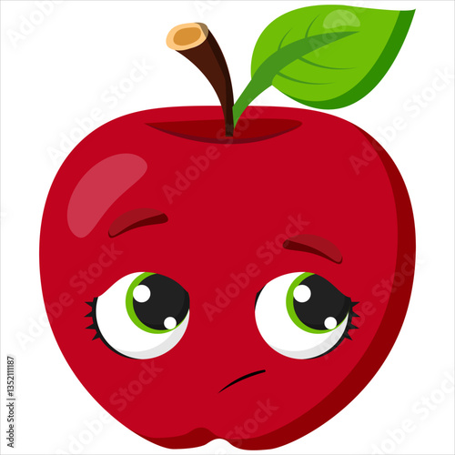 Sad red apple with large green eyes and a disappointed expression. Fun and expressive fruit illustration, ideal for healthy eating concepts, stickers, packaging, and educational materials