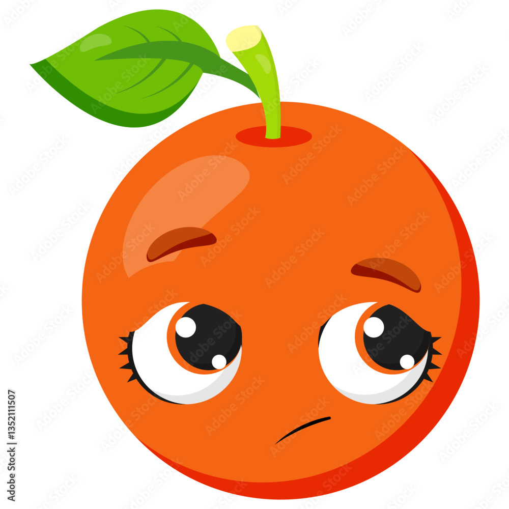 Cute sad orange fruit with expressive eyes and a green leaf, isolated on white. Perfect for food packaging, organic branding, juice labels, healthy lifestyle concepts, and educational materials Cute sad orange fruit with expressive eyes and a green leaf, isolated on white. Perfect for food packaging, organic branding, juice labels, healthy lifestyle concepts, and educational materials