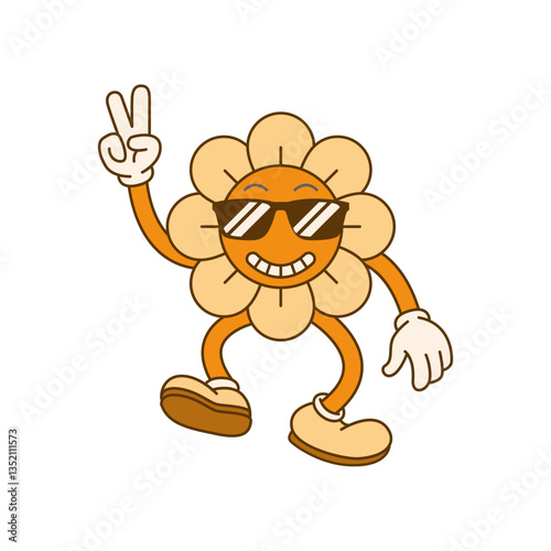 Retro groovy flower character with stylish sunglasses