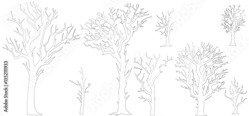 silhouettes of tree branches isolated on white background vector illustration. Minimal style cad tree