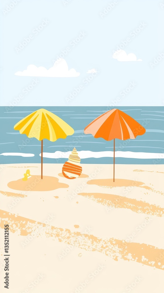 A sunny beach scene with umbrellas and seashells displayed A sunny beach scene with umbrellas and seashells displayed