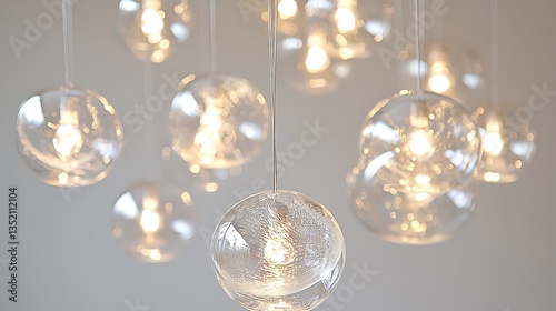 Illuminated glass spheres hanging from ceiling.