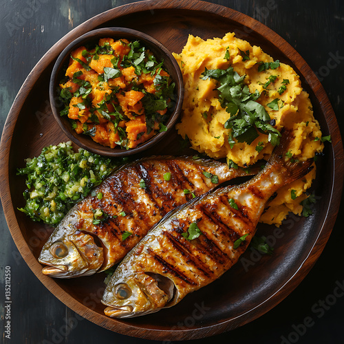 Grilled snapper served with mashed sweet potatoes and vegetables photo