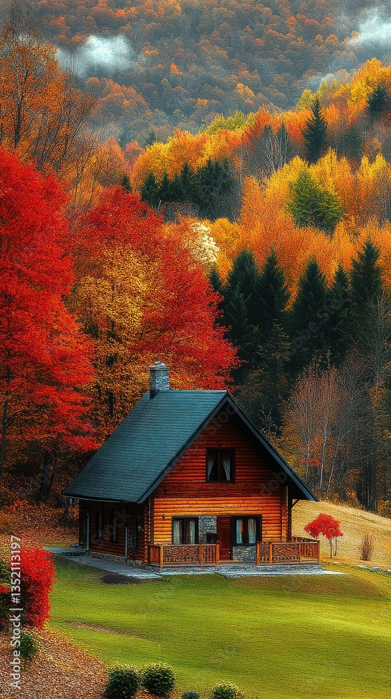 Obraz premium Cozy autumn cabin nestled in the forest, surrounded by trees with vibrant red, orange, and yellow leaves, a wooden house.