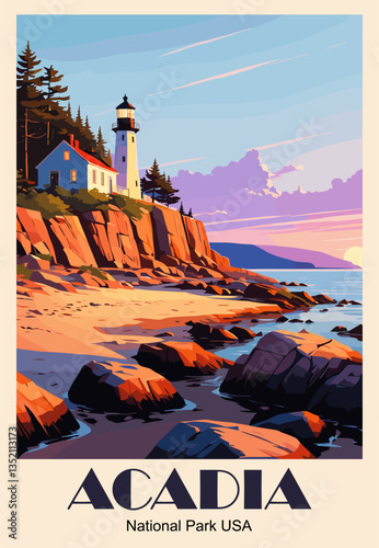Acadia National Park USA travel poster in retro style. Colorful sunset  landscape with Lighthouse on rocky sea beach vector art illustration