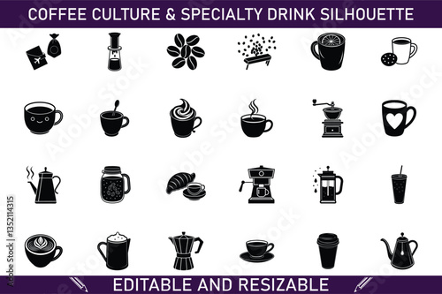 Coffee Culture Specialty Drink Silhouettes Editable and Resizable Icons