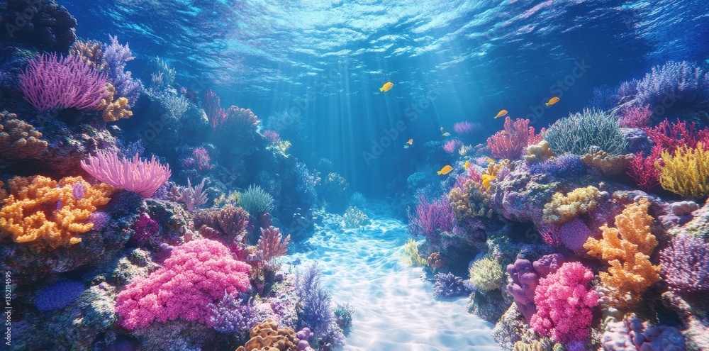 Naklejka premium A vibrant underwater scene showcasing various colorful coral formations