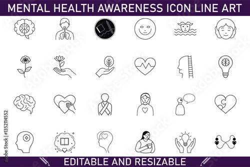 Mental Health Awareness Editable Line Art Icon Set Collection