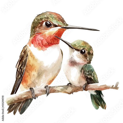 A watercolor vector painting of a mother hummingbird with her kid, isolated on a white background.

