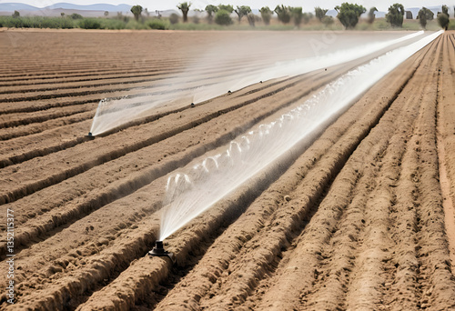 An advanced irrigation system in a dusty dryland, with water flowing through precision sprinklers onto rows of plants sprouting from the earth.