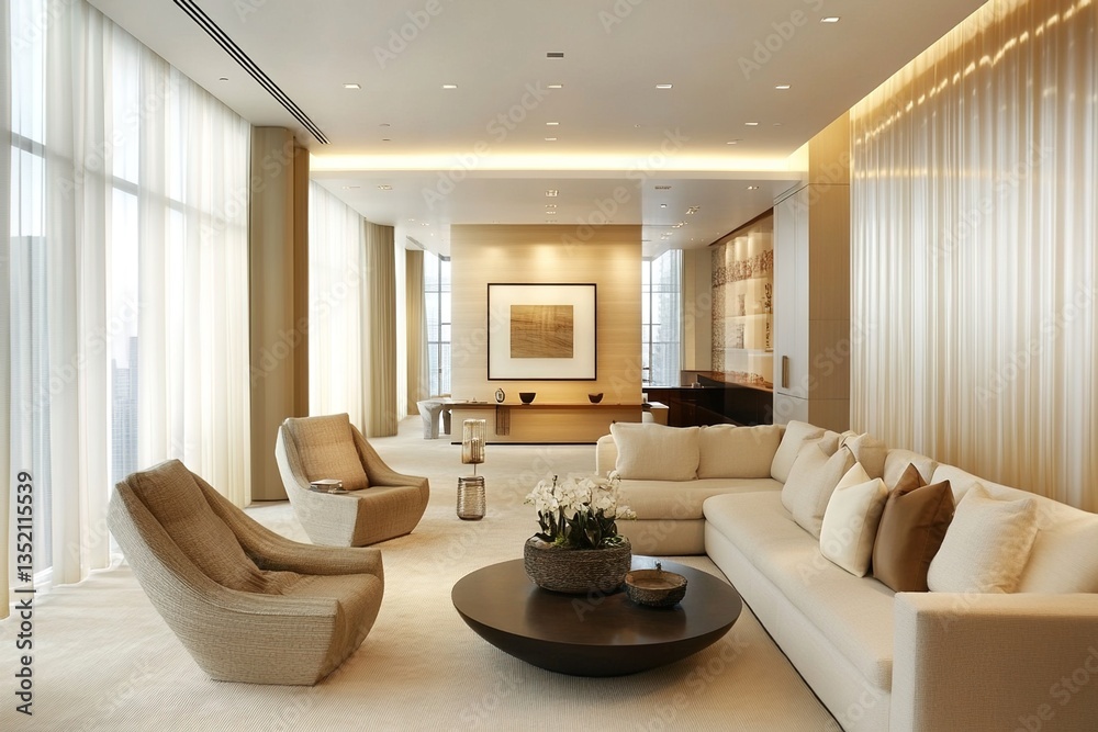 A modern and minimalist living room with a neutral color palette, textured fabrics, and elegant decor, evoking a calm and serene atmosphere. A modern and minimalist living room with a neutral color palette, textured fabrics, and elegant decor, evoking a calm and serene atmosphere.