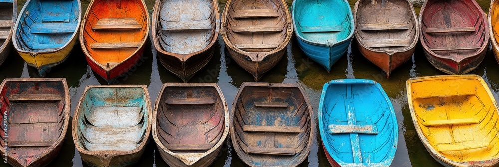 Fototapeta premium Colorful Rowboats Docked in a Calm Harbor