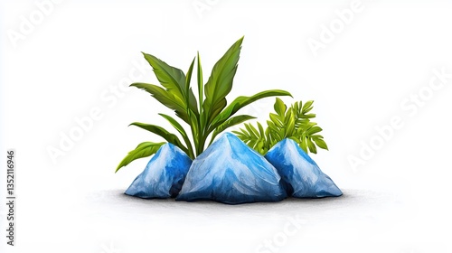 Green Plants Emerging from Icy Blue Rocks on White Background