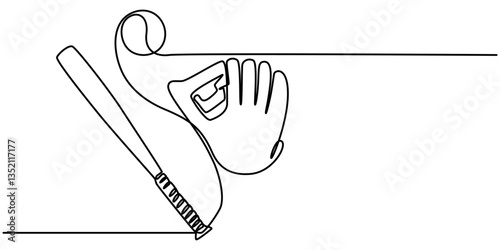 bat, baseball, glove continuous one line drawing, One continuous single drawing line art flat doodle sport, bat, baseball, glove, ball, leather, mitt. Isolated image hand draw contour on a white.