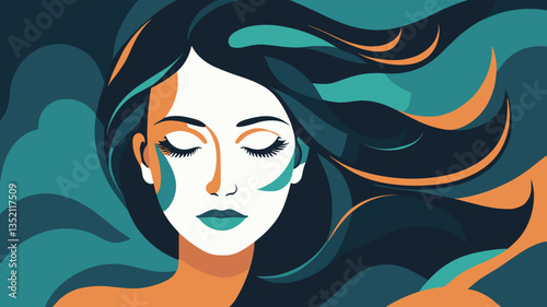 Elegant woman with closed eyes in teal and orange vector artwork