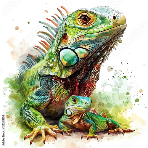 A watercolor vector painting of a mother iguana with her kid, isolated on a white background. Mother iguana vector.

