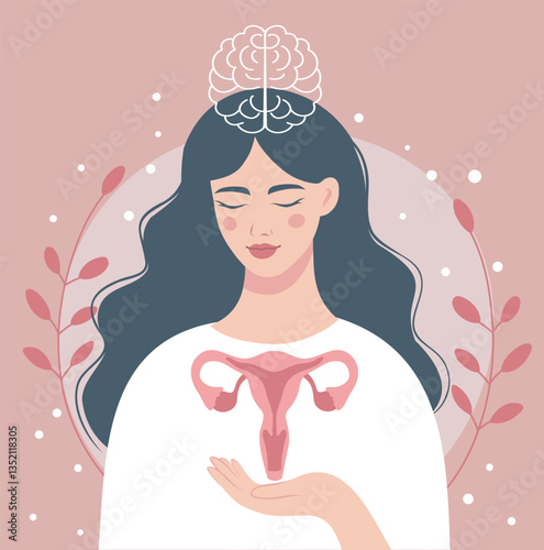  International Women's Health Day. Mental health. Woman in flowers with uterus in hands and brain above head, reflects awareness, care for your health. Vector illustration for health projects