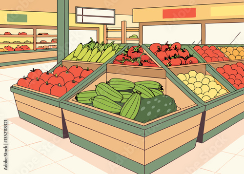 Supermarket with a wide variety of vegetables. Color. Line drawing illustration. Vector.