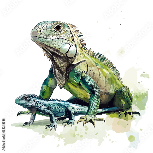 A watercolor vector painting of a mother iguana with her kid, isolated on a white background. Mother iguana vector.

