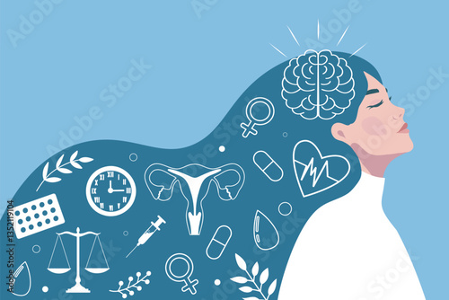  International Women's Health Day. Women's mental health. Women with long hair and elements of medicine, uterus, brain, scales, heart. Mindfulness, care. Vector illustration for health projects
