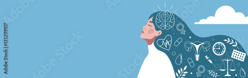  International Women's Health Day. Women with long hair and elements of medicine, uterus, brain, scales, heart. Women's mental health. Vector illustration place for text for health projects