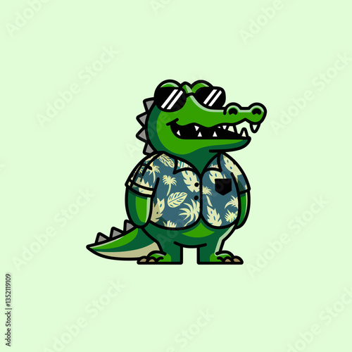 Cartoon alligator character wearing sunglasses and a hawaiian shirt, perfect for summer vacation themed designs or humorous illustrations