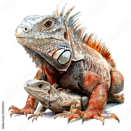 A watercolor vector painting of a mother iguana with her kid, isolated on a white background. Mother iguana vector.

