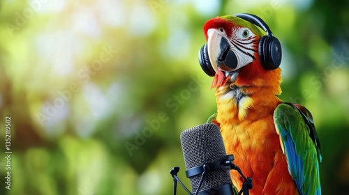 Colorful Macaw Parrot Singing into a Microphone with Headphones on in a Lush Green Park