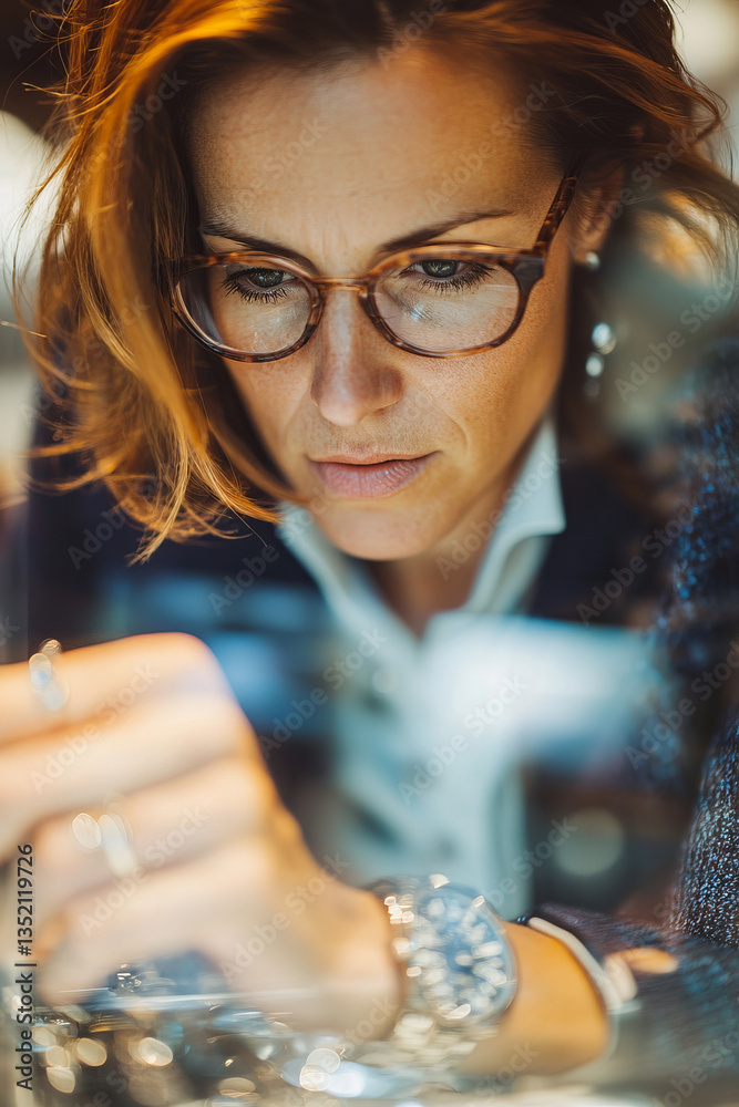 focused woman examining watch with glasses, showcasing attention to detail and craftsmanship. Her expression reflects concentration and interest in intricate design