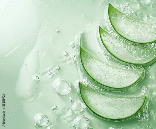 Slices of aloe vera in the cosmetics gel with bubbles inside.Cosmetics background,mint color,large banner with negative space.