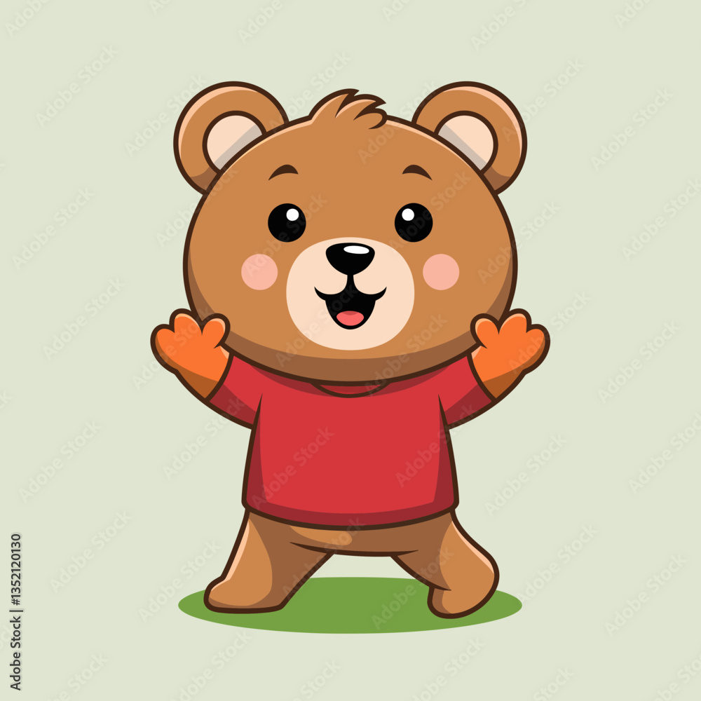 Cheerful cartoon illustration of a cute brown bear wearing a red t-shirt with welcoming gesture for diverse digital and print media usage and kid-friendly content Cheerful cartoon illustration of a cute brown bear wearing a red t-shirt with welcoming gesture for diverse digital and print media usage and kid-friendly content