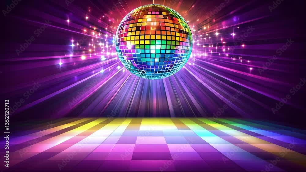 A dynamic setting features a sparkling disco ball casting colorful reflections on a dance floor filled with energy and excitement