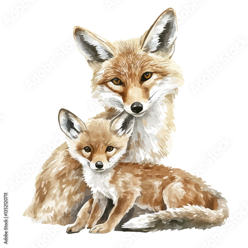 A watercolor vector painting of a mother jackal with her kid, isolated on a white background. Mother jackal vector.

