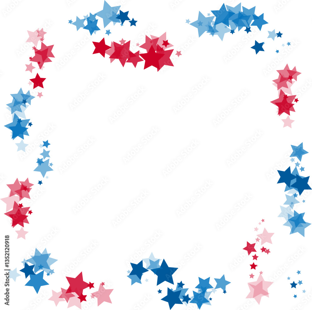 Obraz premium Blue and red stars confetti decoration. Frame from falling sparklers. Patriotic design element. Special effect on transparent background.