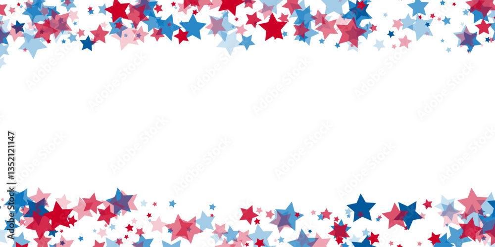 Blue and red stars confetti.  Patriotic design element. Horizontal top and down border from falling sparklers. Special effect on transparent background.