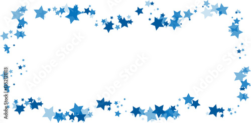 Blue stars confetti decoration. Frame from falling sparklers. Design element. Special effect on transparent background.