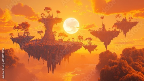 Floating islands with trees in a vibrant sunset atmosphere