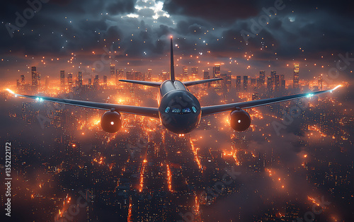 Futuristic Airliner Connected to Smart City with Digital Networks