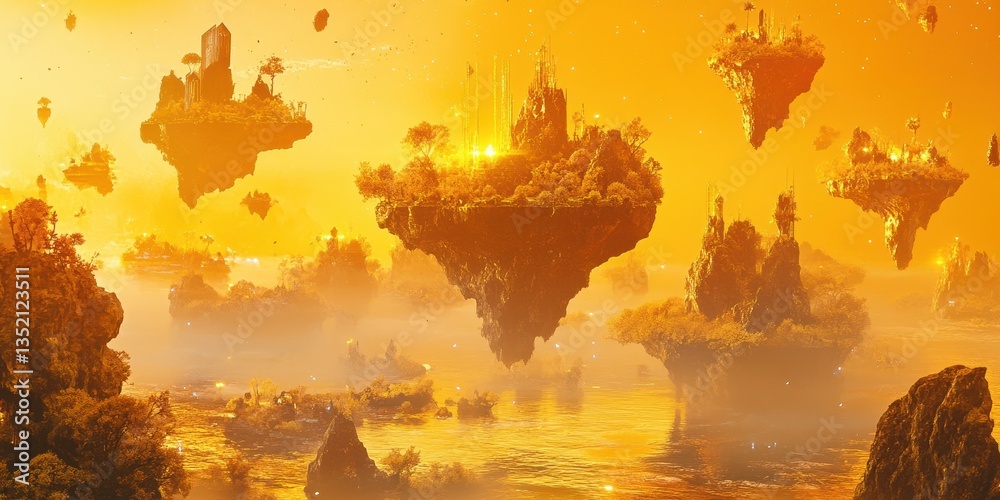 Floating Islands With Buildings And Trees In A Golden Sky