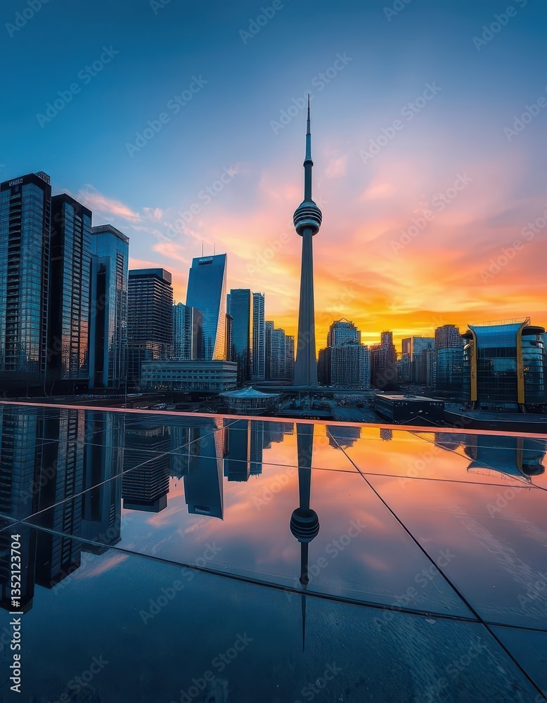 Fototapeta premium Reflective cityscape panorama mirroring Toronto's skyline at sunset, twilight, mirror