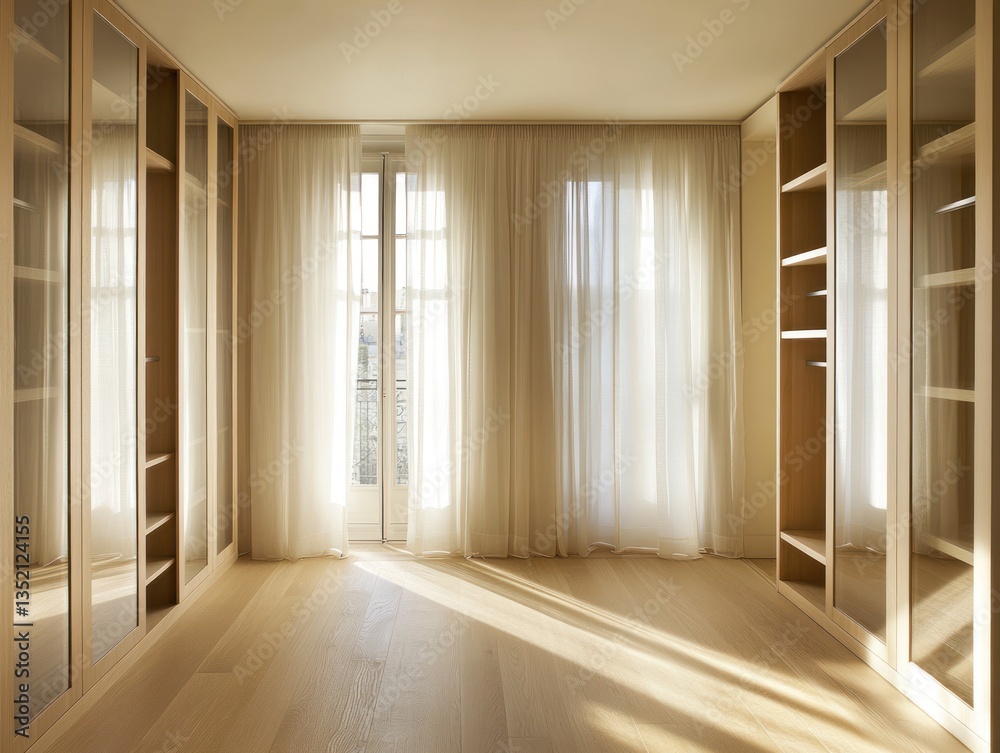 Fototapeta premium Sunlit empty bedroom with built-in wardrobes and sheer curtains