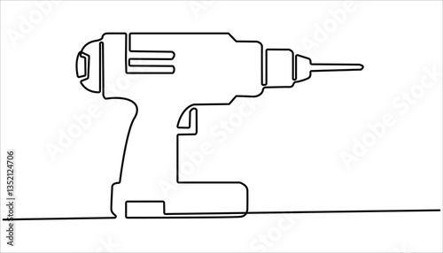 Electric drill continuous one line drawing. Drill tool object work industry one line art design. Handyman tools concept. Single line draw vector design illustration.
