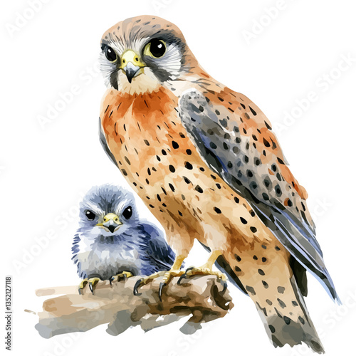 A watercolor vector painting of a mother kestrel with her kid, isolated on a white background. Mother kestrel vector.

