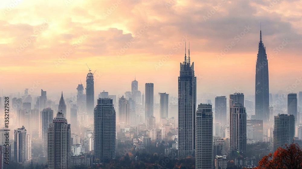 Fototapeta premium Misty sunrise cityscape, skyscrapers pierce clouds